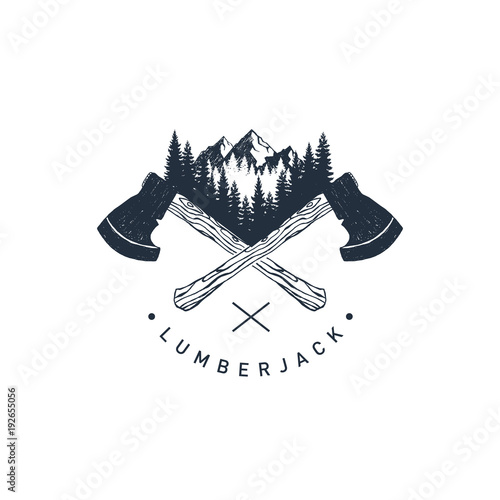 Hand drawn travel badge with crossed axes, mountains and fir trees textured vector illustrations and "Lumberjack" lettering.