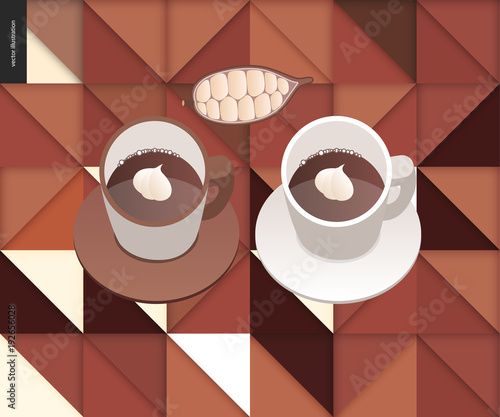 Love spring chocolate - papercut geometric pattern and two cups of coffee and chocolate, and cacao beans