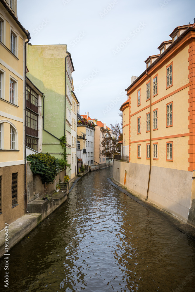 Old colorful buildings and water canal on the Kampa Island in Prague, Czech Republic.