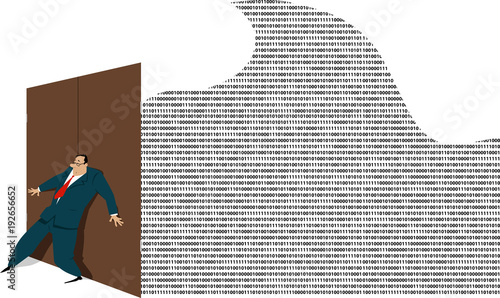 Businessman holding a door shut, attempting contain a massive wave of digital information, EPS 8 vector illustration