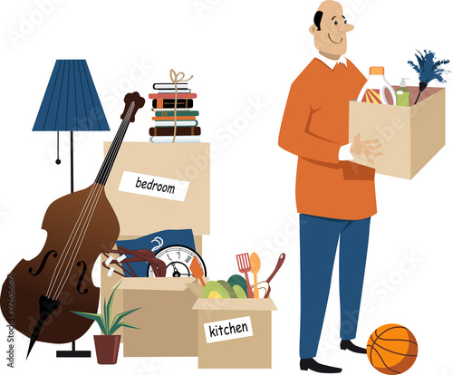 Happy middle age man standing with boxes ready to move to a new home, EPS 8 vector illustration