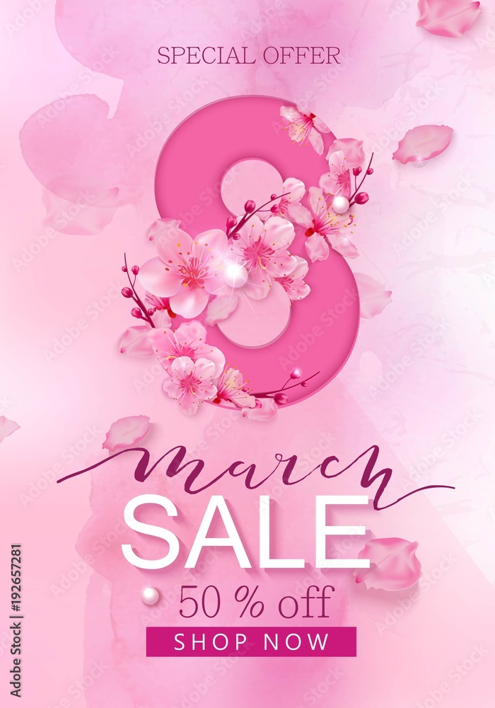 8 march sale banner with heart and sakura 8 march sale banner with heart and sakura