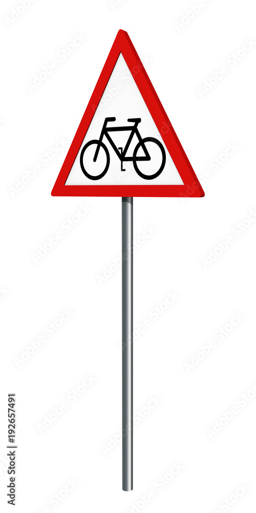 Deutsches Verkehrszeichen: Radfahrer, auf weiß isoliert, 3d render Deutsches Verkehrszeichen: Radfahrer, auf weiß isoliert, 3d render