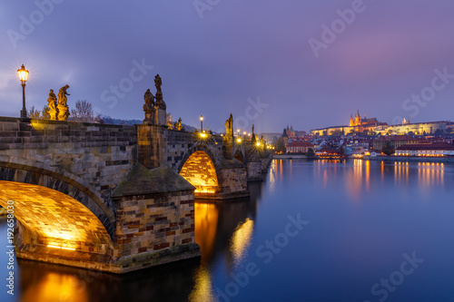 Charles Bridge (a.k.a. Karluv most, Stone Bridge, Kamenny most, Prague Bridge, Prazhski most) over Vltava river in Prague, Czech Republic.