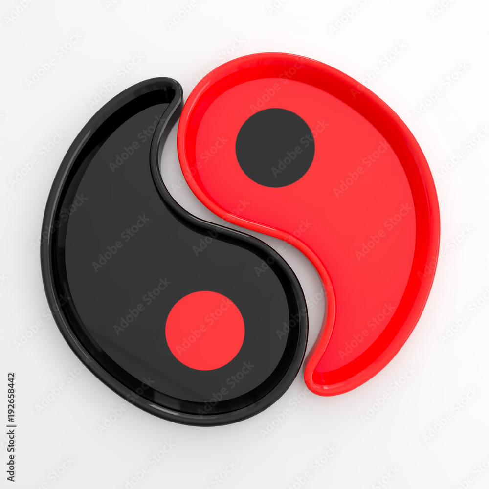 Yin Yang cups mug black porcelain faience red blue composition saucers white isolated background Yin Yang cups mug black porcelain faience red blue composition saucers white isolated background