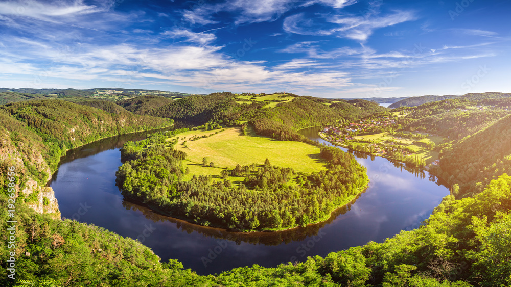 View of Vltava river horseshoe shape meander from Solenice viewpoint, Czech Republic