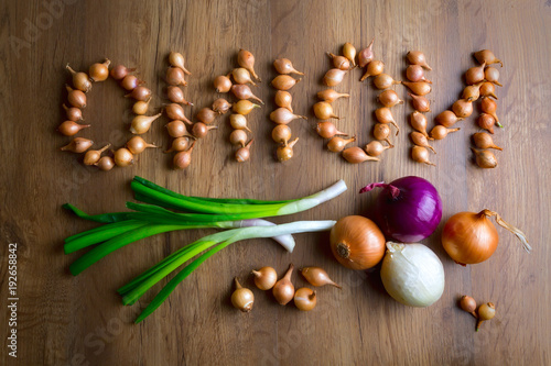 Fresh onions. Onions background. top view, photo