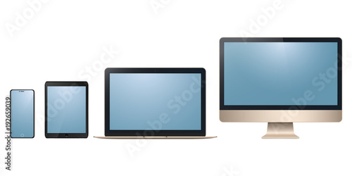 Realistic new set of monitor imac, laptop macbook. tablet ipad, smartphone iphone isolated on a white background.