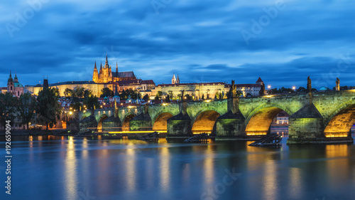 Famous iconic image of Prague castle and Charles Bridge  Prague  Czech Republic. Concept of world travel  sightseeing and tourism.