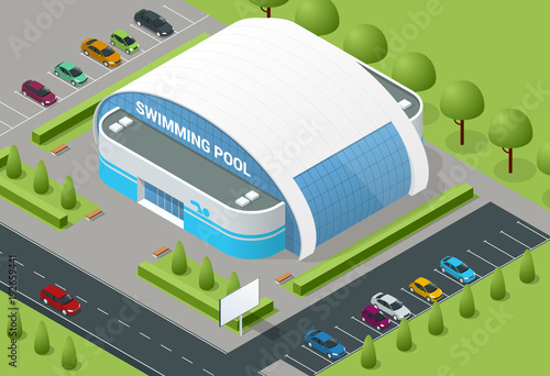 Isometric illustration of modern building swimming pool for water sports, swimming, diving, underwater sports, water polo, underwater rugby, synchronized swimming, etc. Competition pools.