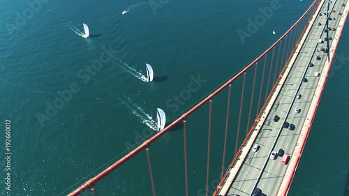 Aerial of Sailboats under the Golden Gate Bridge