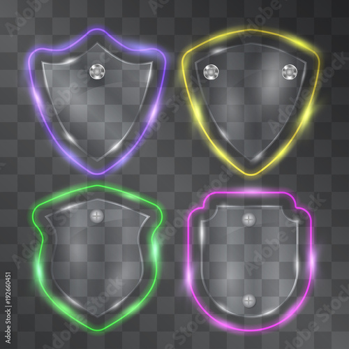 Set of glass, shining neon light vector shields for  logo, button design, decorated with modern rivet and screws on transparent background. Voguish interface template pieces in hi tech, fashion style.