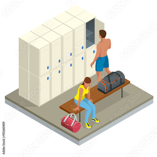 Isometric Interior of a locker and changing room. Vector changing locker room with shower enclosures benches and storage closets illustration