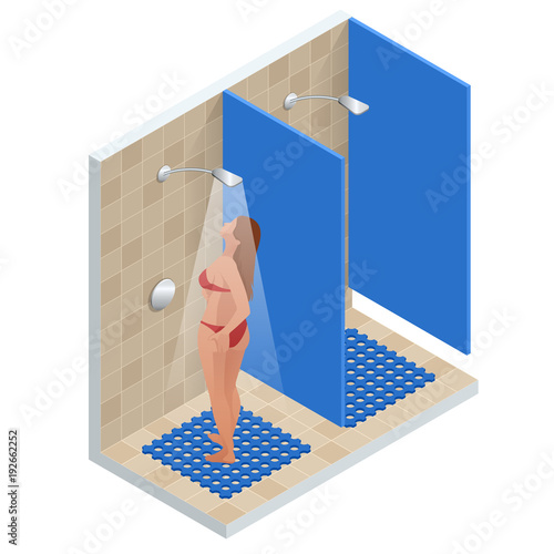 Isometric showers in the gym in a row. Shower with running water. Flat modern vector illustration of people in shower cabins