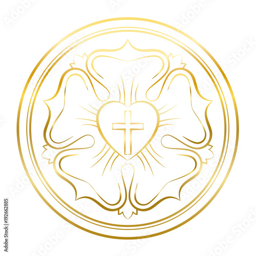 Luther rose symbol. Golden illustration on white background. Martin Luther seal, symbol of Lutheranism, consisting of a cross, a heart, a single rose and a ring.