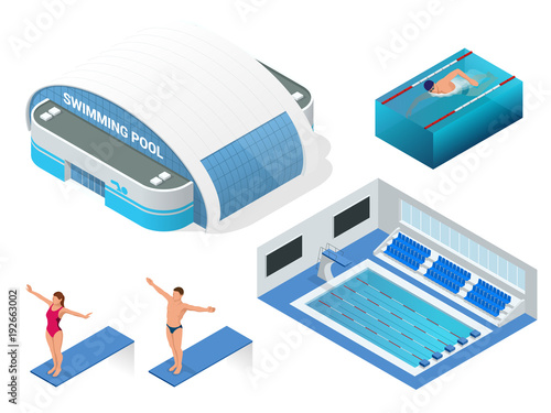 Isometric vector set of modern building swimming pool for water sports, swimming pool, swimmers elements icons. Health lifestyle.