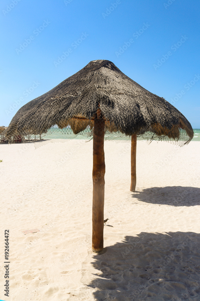 Two palapa shades with shadows on whitle sand beach with ocean in background