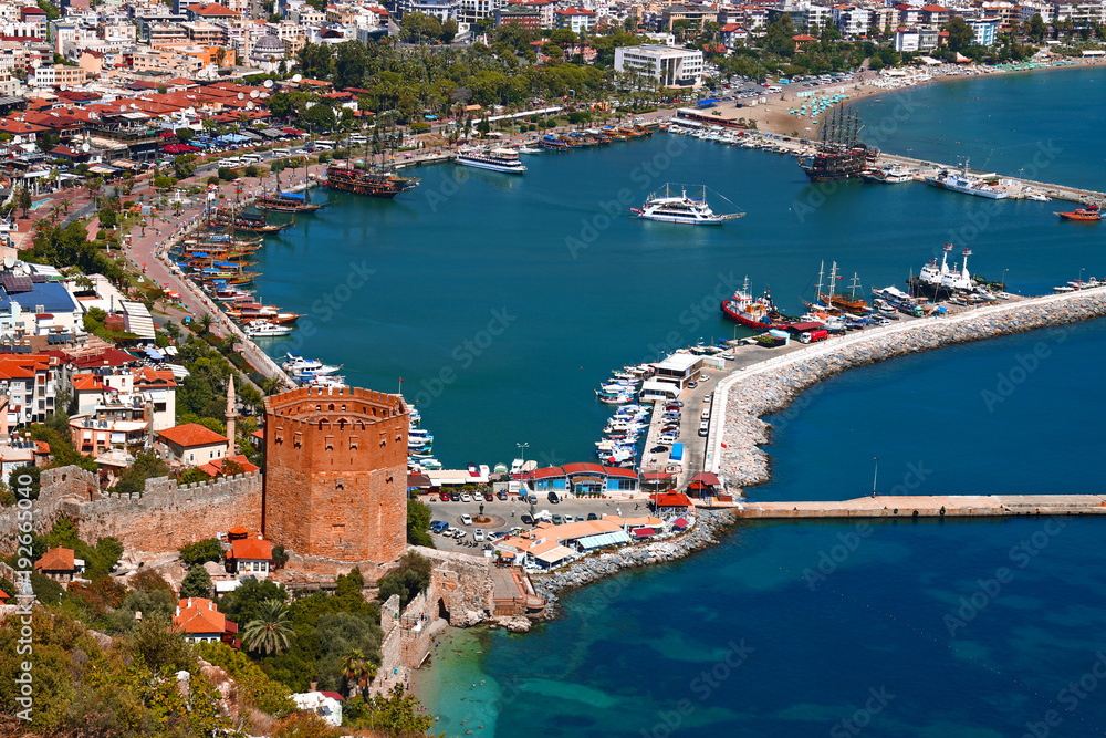 Red Tower and Marina view from Alanya Castle in Antalya, Turkey.