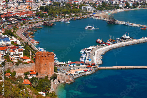 Fototapeta Naklejka Na Ścianę i Meble -  Red Tower and Marina view from Alanya Castle in Antalya, Turkey.