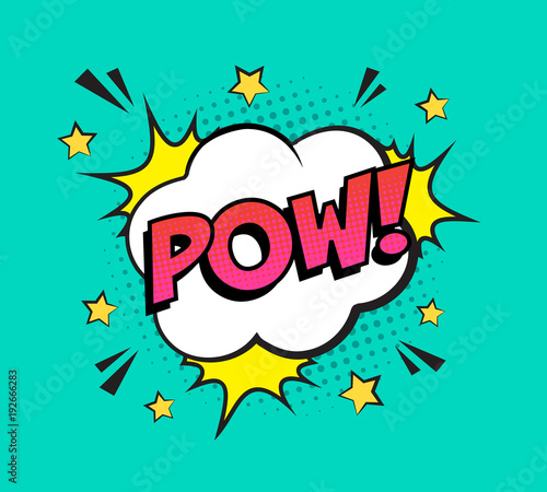 Retro comic speech bubble with colorful halftone shadow on green pattern. Expression text POW. Vector illustration, vintage design, pop art style.