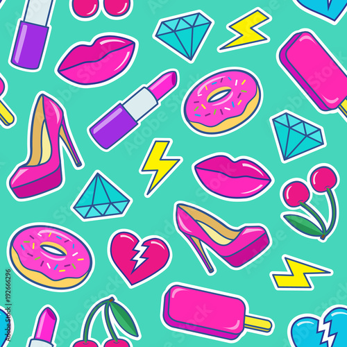 Cute fashion seamless pattern with colorful patches. Stickers of ice cream, cherry, lipstick, heart, high heel shoes, donuts, diamonds etc on green background. Vector illustration