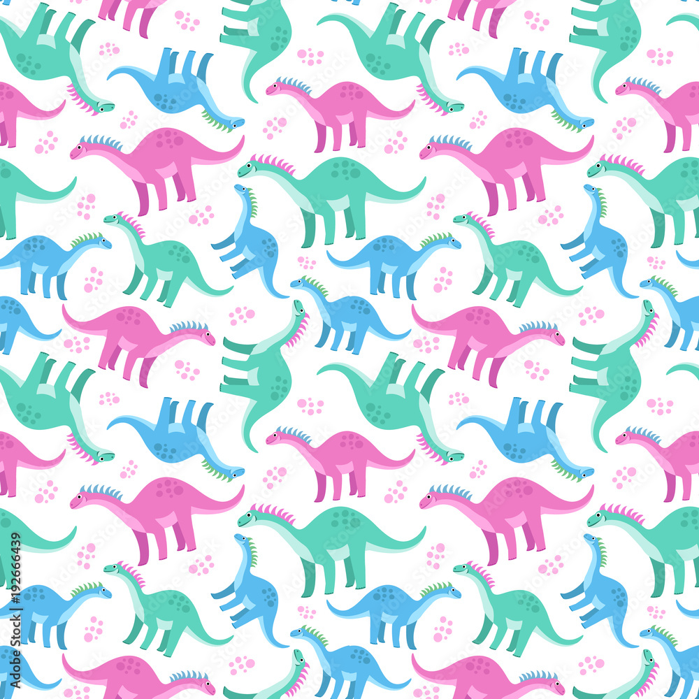 Fototapeta premium Cute colorful seamless pattern with dinosaurs on white background. Bright background for kids. Vector illustration for textile manufacturing, notebooks etc