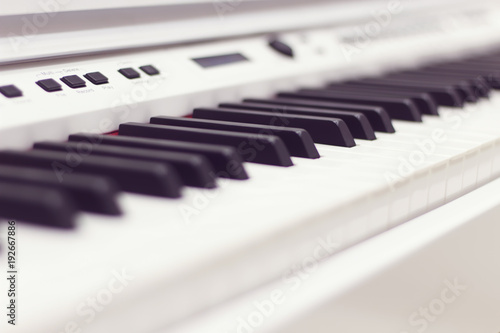 closeup white piano keys, white piano isolated, side view of an instrument. learning to play at home. white grand digital piano. piano keyboard. concert concept. selective focus. photo