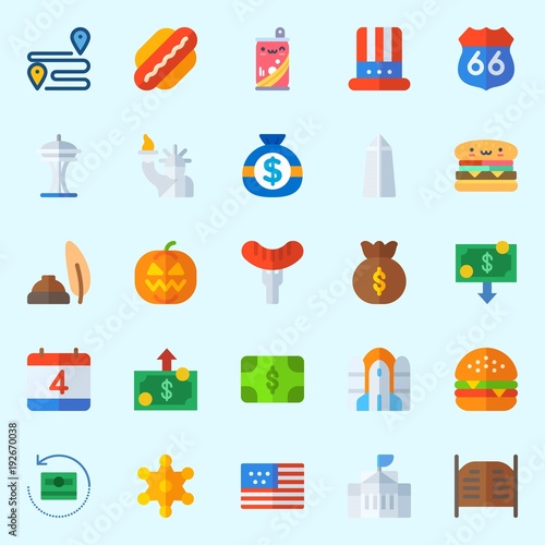 Icons about United States with united states, soda, rocket ship, white house, quill and money bag