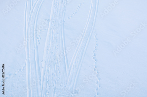 Footprints from a snowmobile in the snow. Footprints from skis in the snow. Footprints in fresh snow in