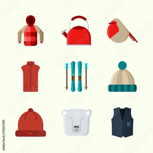 Icons about Winter with kettle, vest, ski, winter hat, robin and parka