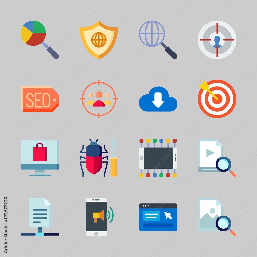 Icons about Seo with sharing archives, image, shield, tags, bug and zoom Icons about Seo with sharing archives, image, shield, tags, bug and zoom