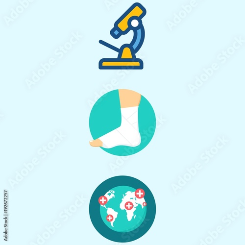 Icons about Medical with worldwide, sprain and microscope