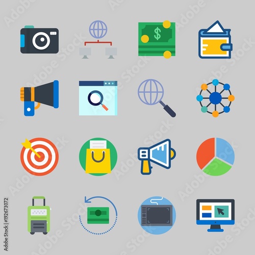 Icons about Commerce with photo camera, shopping bag, money, networking, search and target