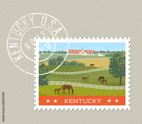 Kentucky postage stamp design. Vector illustration of horses grazing in green fields with stables in background. Grunge postmark on separate layer.