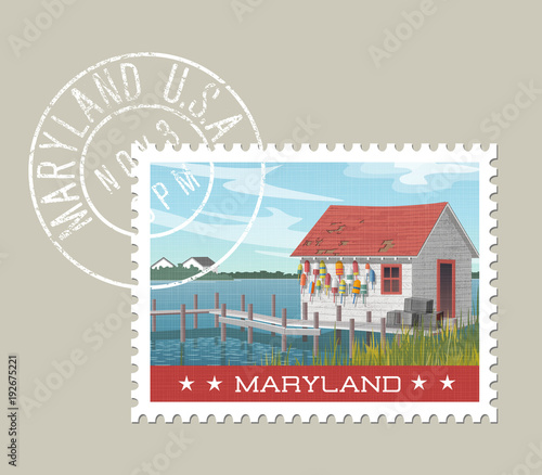 Maryland postage stamp design. Vector illustration of fishing shack, colorful buoys and pier at waters edge. Grunge postmark on separate layer.