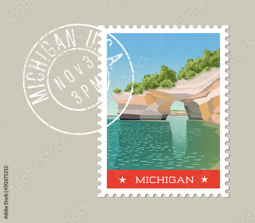 Michigan postage stamp design. Vector illustration of sandstone formations on Lake Superior shoreline. Grunge postmark on separate layer.