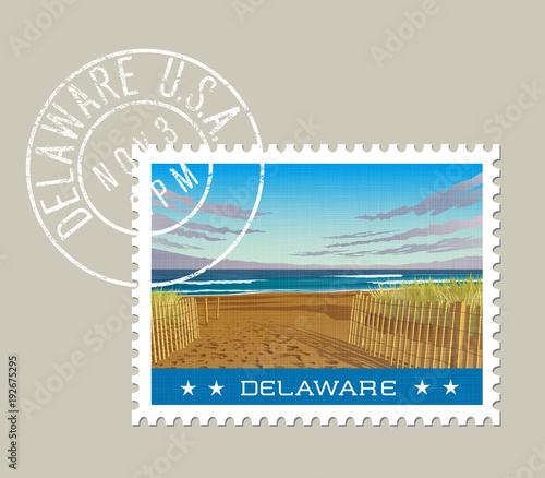 Delaware postage stamp design. Vector illustration of beach and ocean waves. Grunge postmark on separate layer.