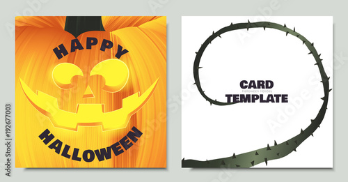 Carved Halloween pumpkin head jack lantern close up, vine and thorn, card template design