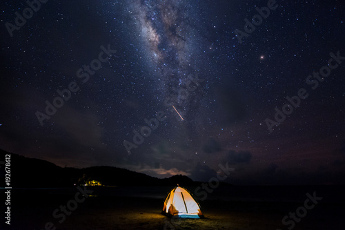 Core of milky way and starry night sky at Kudaat, Sabah Malaysia. Image contain soft focus, blur and noise due to long expose.