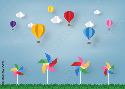 colorful Ballon and Cloud in the  blue sky and pinwheel with paper art design , vector design element  and illustration