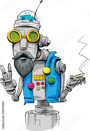 A cartoon of a robot hippie wearing a denim vest and smoking a joint while making the peace sign with its hand.