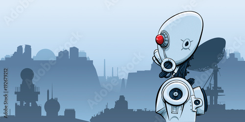 A cartoon, science fiction robot alone in a desolate, post-apocalyptic landscape of the future.