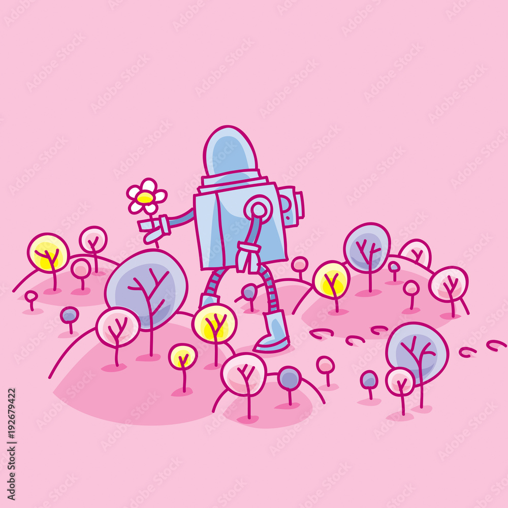 A cartoon robot picking flowers in a gentle, pink springtime landscape of  hills and trees with blossoms. Stock Vector | Adobe Stock