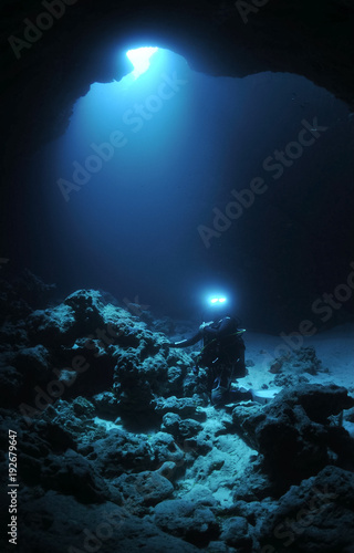 Underwater Cave with Cyclops like Diver in Okinawa, Japan