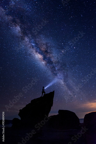 Bright milky way core and starry night sky at Kudat, sabah Malaysia. image contain soft focus, blur and noise due to long expose and high iso.