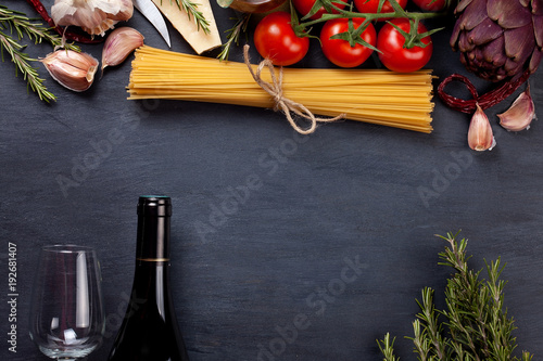 Flat lay with fresh organic products. Traditional ingredients of italian cuisine