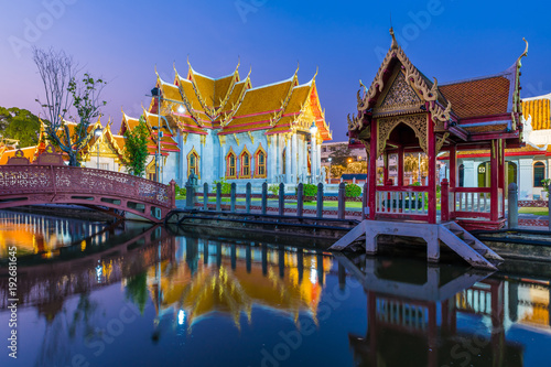 Wat Benjamaborpit or marble temple in Bangkok, Thailand with twilight sky