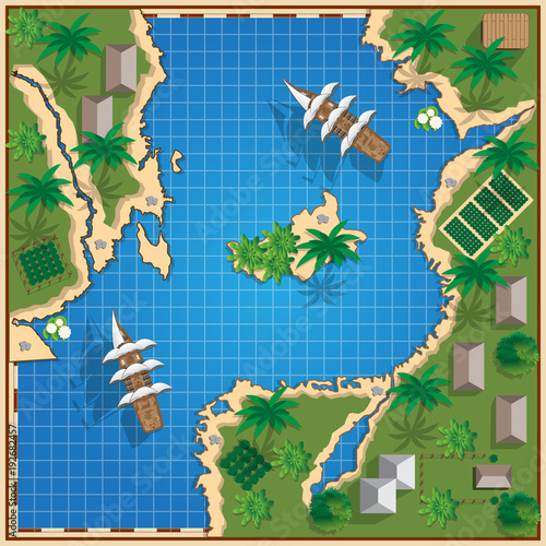 Tropical coast with sailing ships. View from above. Vector illustration