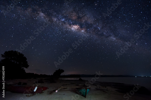 Starry night sky with milkyway galaxy. Image suitable for background. Image contain soft focus  blur and noise due to long expose and high iso.