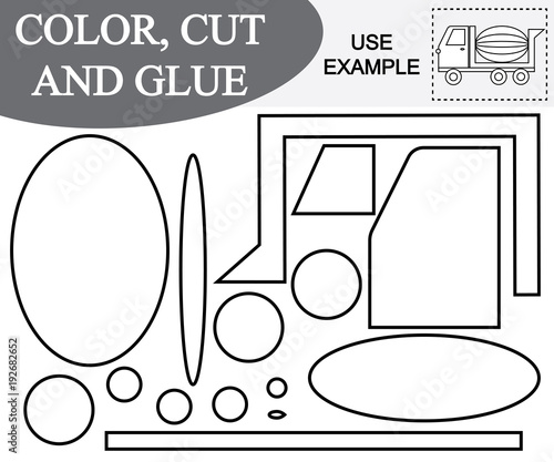 Educational paper game for children. Use scissors and glue to create the image of concrete mixer (transport) and color.